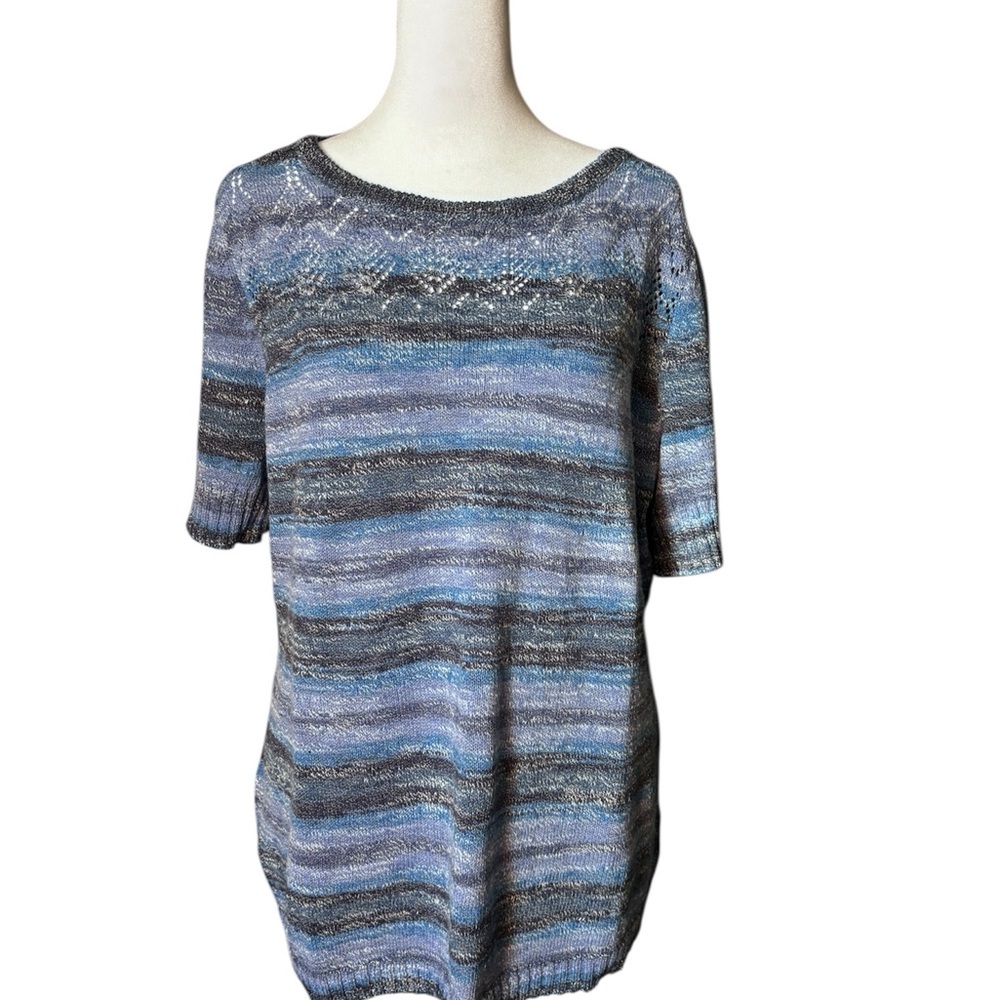 Isaac Mizrahi Blue and Gray Striped Sweater 71% Cotton 29% Polyester - Picture 3 of 6